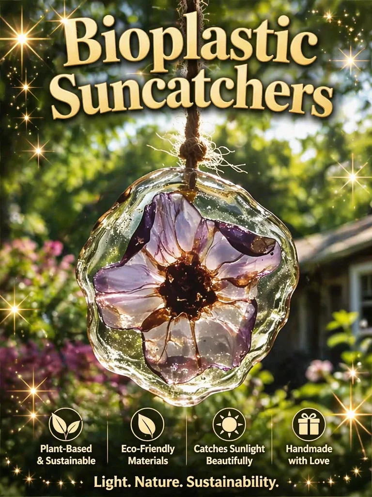 Colorful bioplastic suncatchers hanging in sunlight, showcasing eco-friendly design.