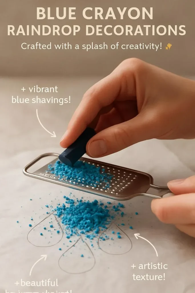Blue crayon raindrop decorations for playful home decor and crafts.