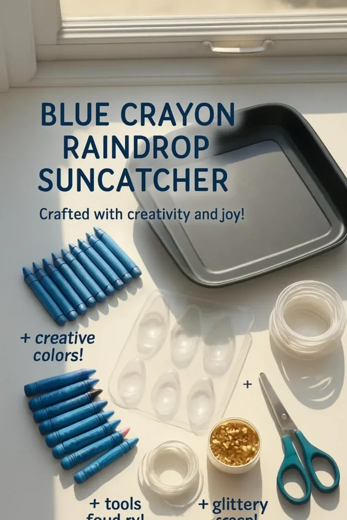 Blue Crayon Raindrop Suncatcher artwork hanging in sunlight.