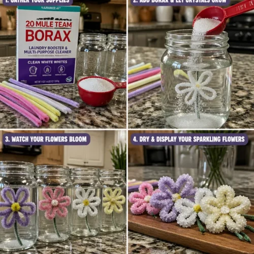 Beautifully grown Borax crystals shaped like flowers in vibrant colors.