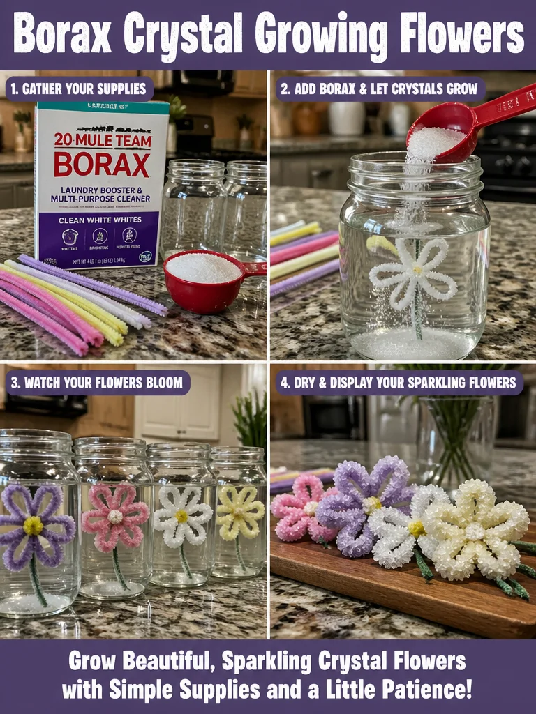 Beautifully grown Borax crystals shaped like flowers in vibrant colors.