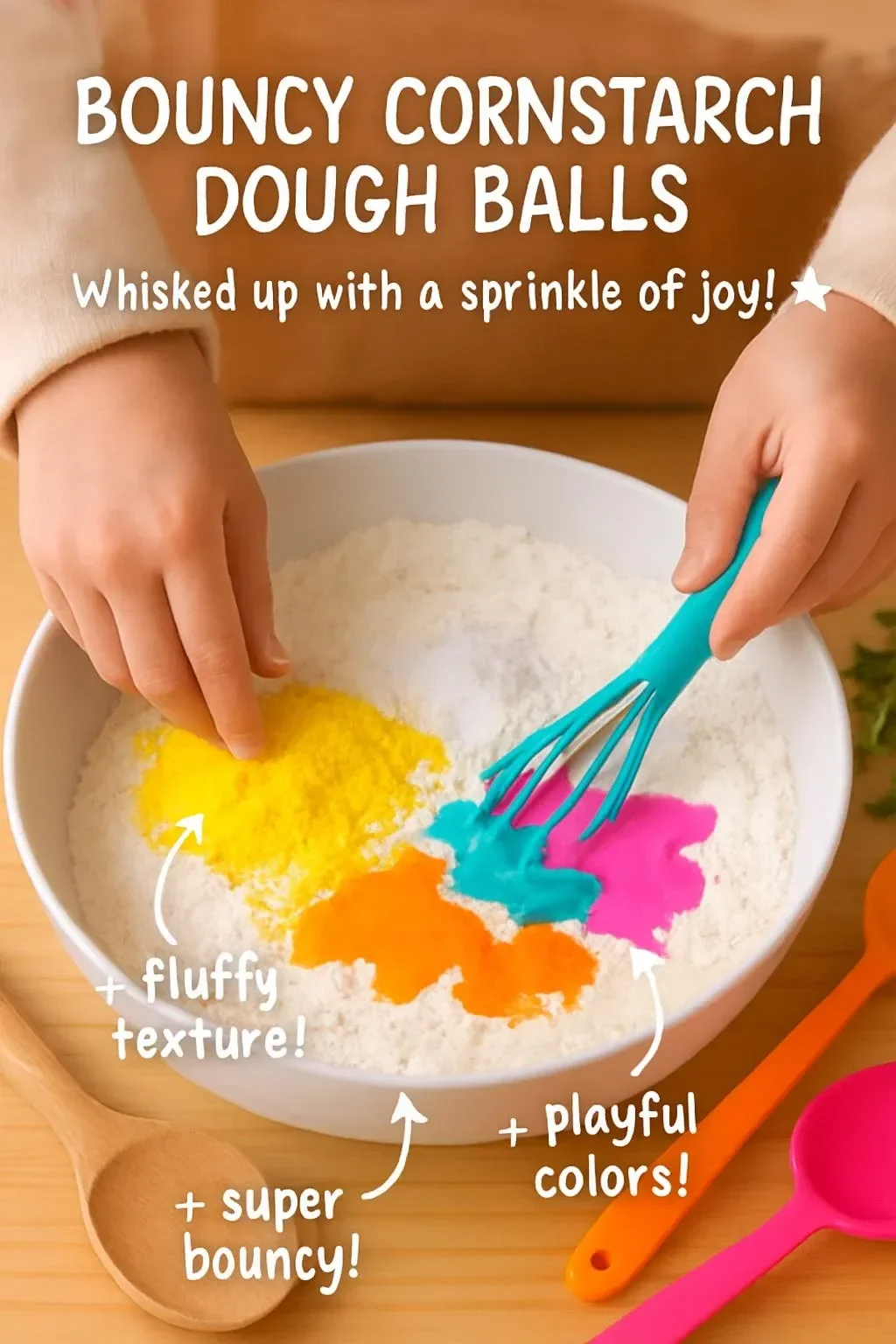 Bouncy cornstarch dough balls for creative play and crafting activities.