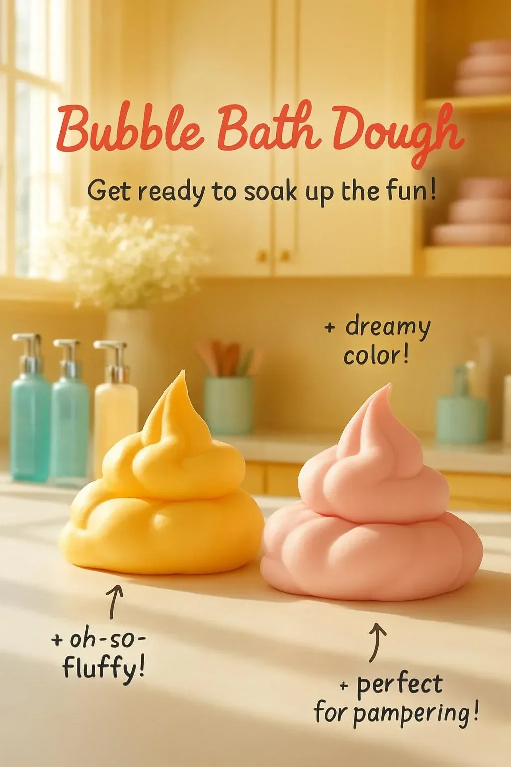 Colorful bubble bath dough creating a relaxing bath experience.