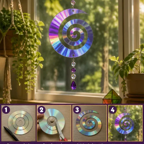 Colorful homemade CD suncatchers catching sunlight in a window