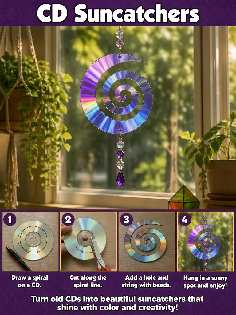 Colorful homemade CD suncatchers catching sunlight in a window