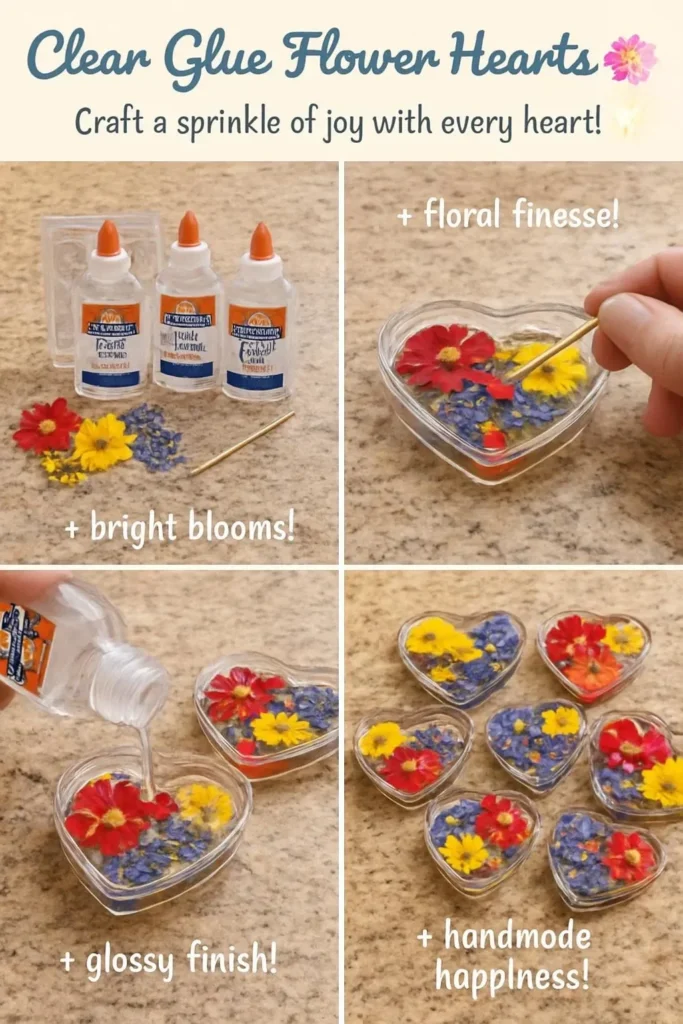 Clear glue used to create beautiful flower hearts in a craft project.