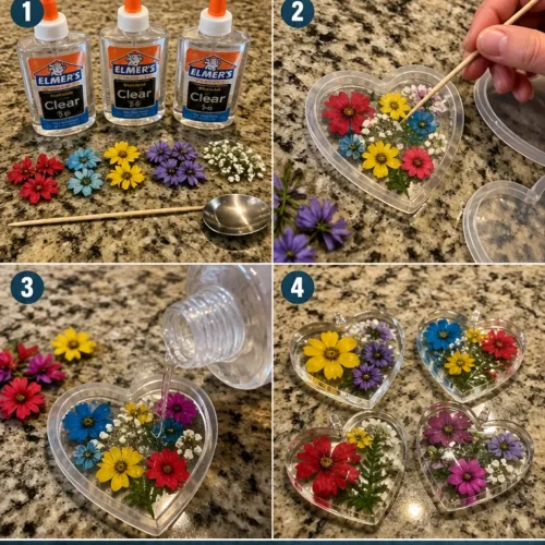 Clear glue used to create decorative flower hearts in crafting projects.