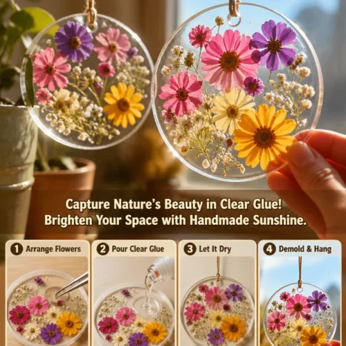Beautiful flower suncatcher made with clear glue, enhancing natural light
