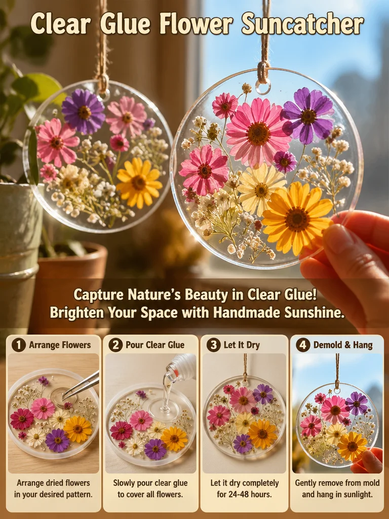 Beautiful flower suncatcher made with clear glue, enhancing natural light
