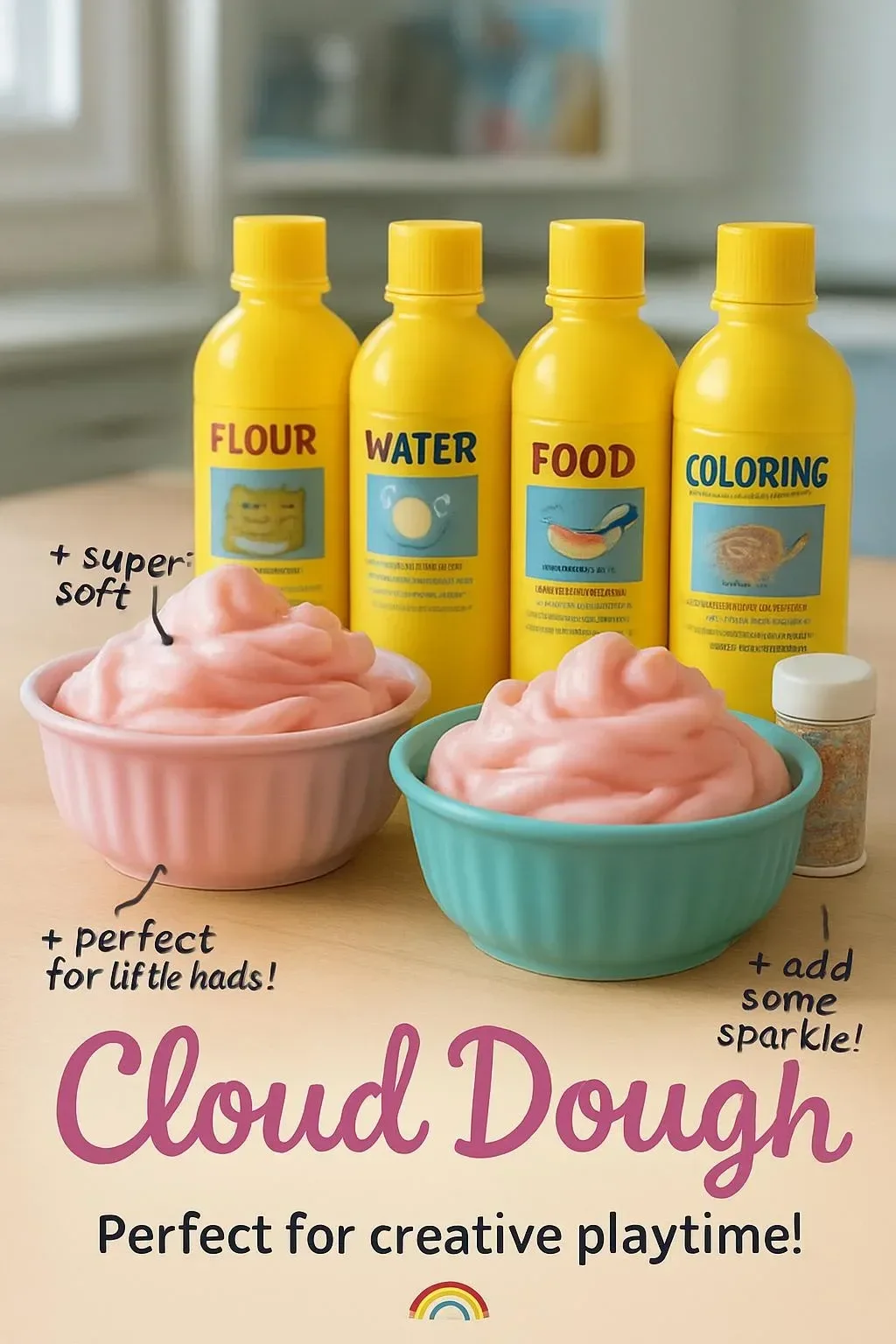 Colorful cloud dough in various shapes for sensory play