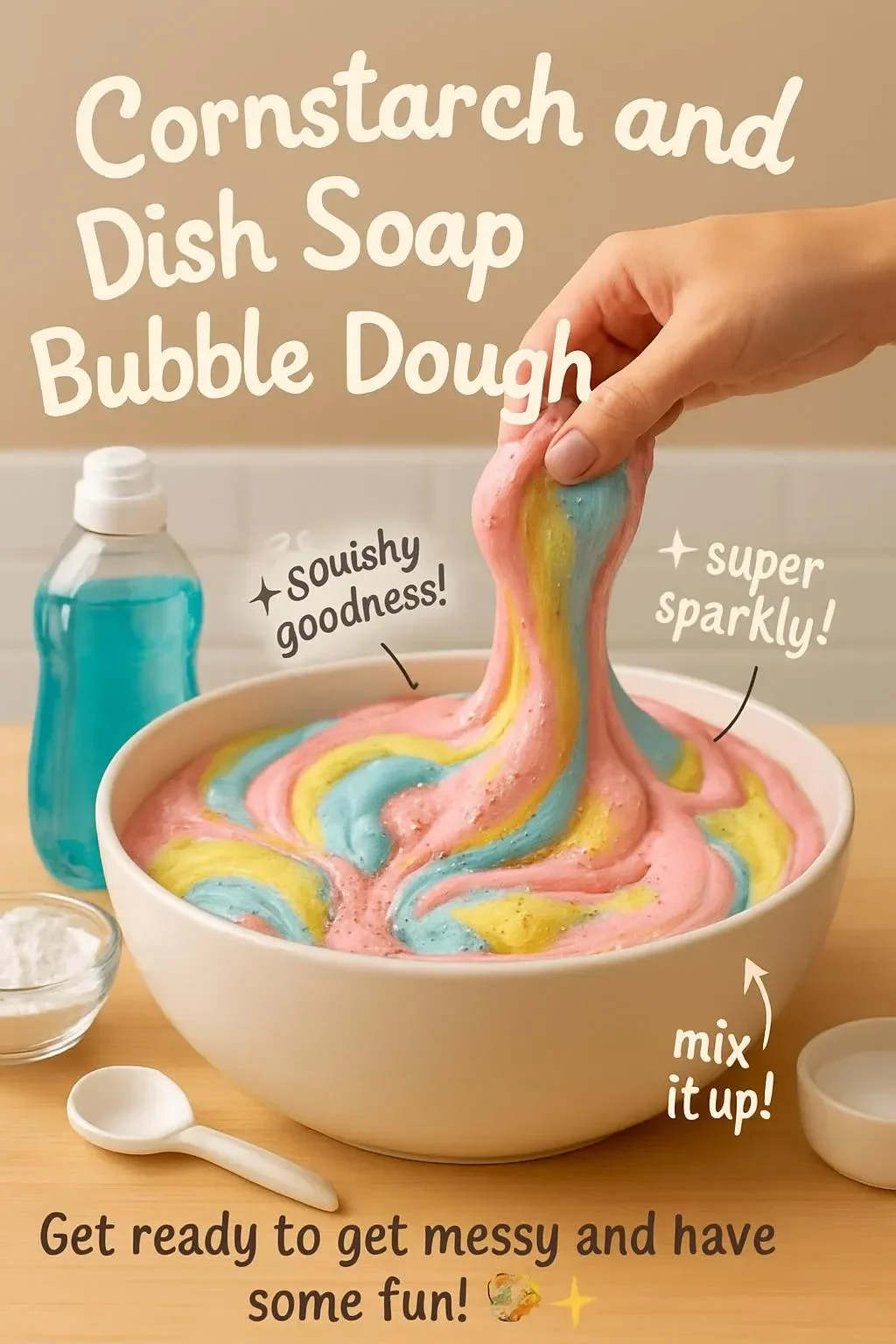 A vibrant bowl of cornstarch and dish soap bubble dough for sensory play.
