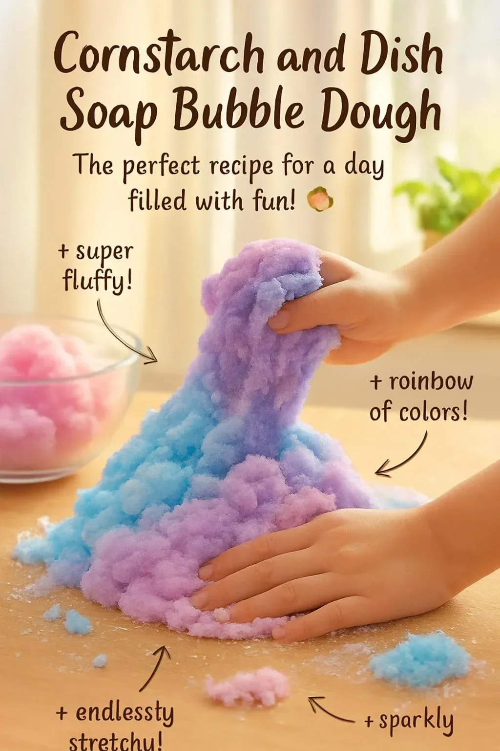 Colorful cornstarch and dish soap bubble dough on a table