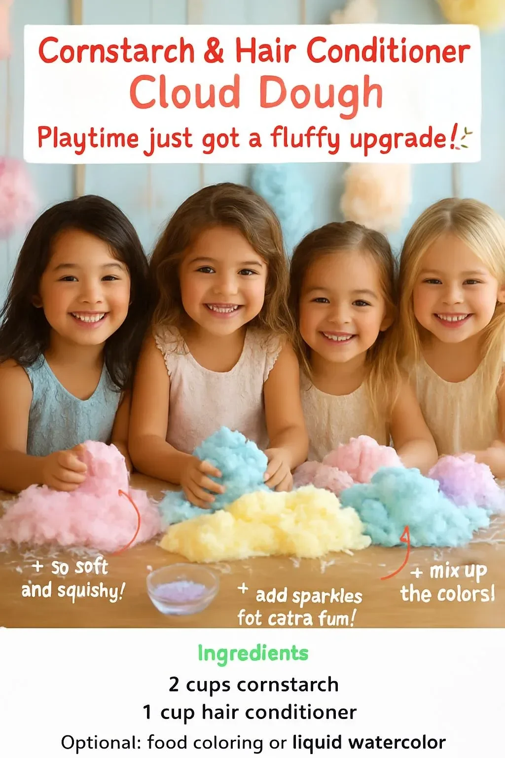 Fluffy Cloud Dough made with cornstarch and hair conditioner for sensory play.