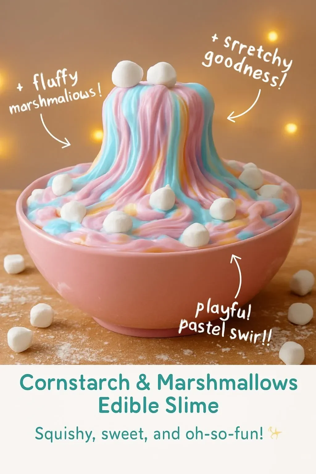 Edible slime made from cornstarch and marshmallows in colorful textures.