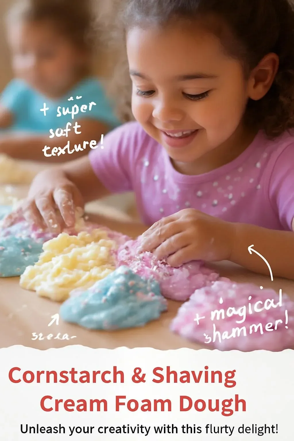 Children playing with cornstarch and shaving cream foam dough.