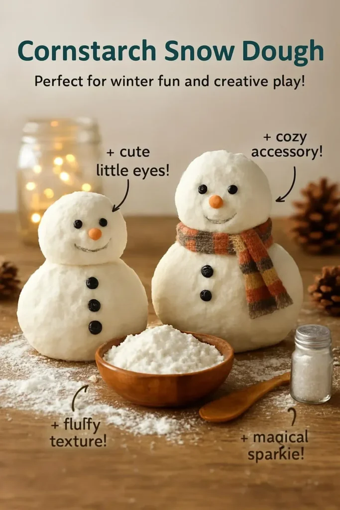 Cornstarch snow dough recipe for kids' sensory play activity.