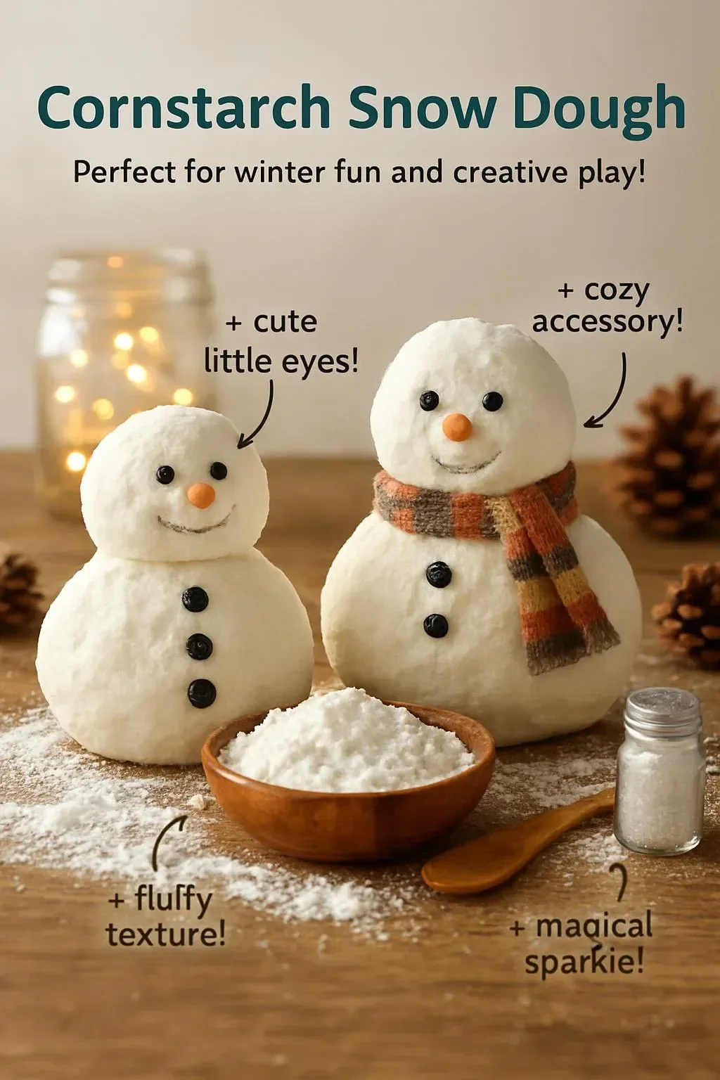 Cornstarch snow dough recipe for kids' sensory play activity.