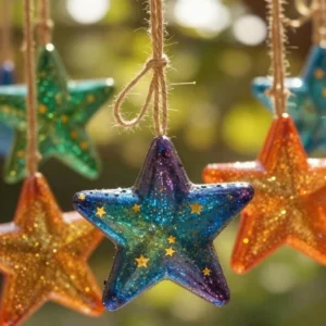 Colorful crayon star sun catchers hanging in a window, casting beautiful light.
