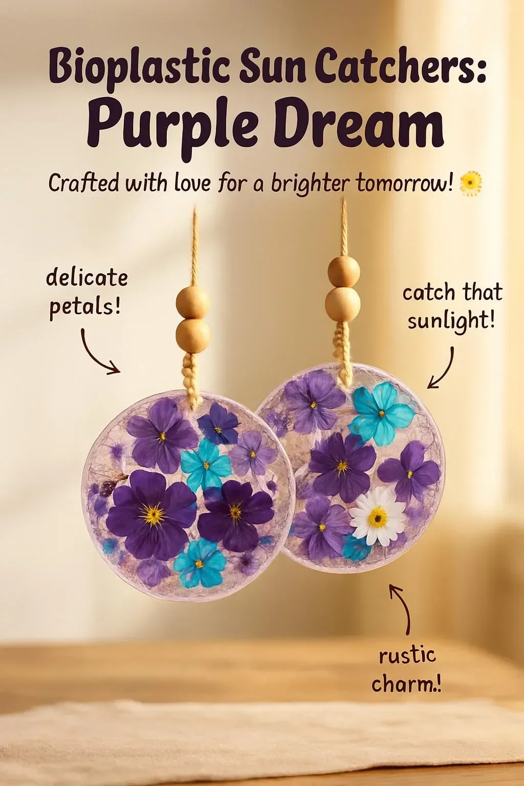 Enchanting bioplastic sun catcher in shades of purple hanging in a window.