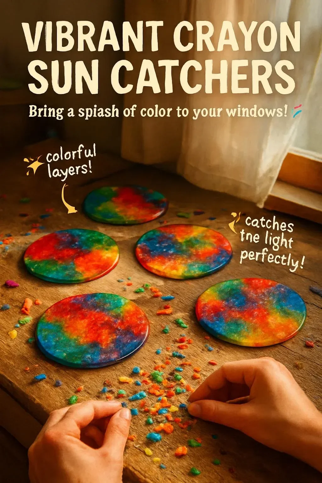 Colorful handmade sun catchers made from melted crayons