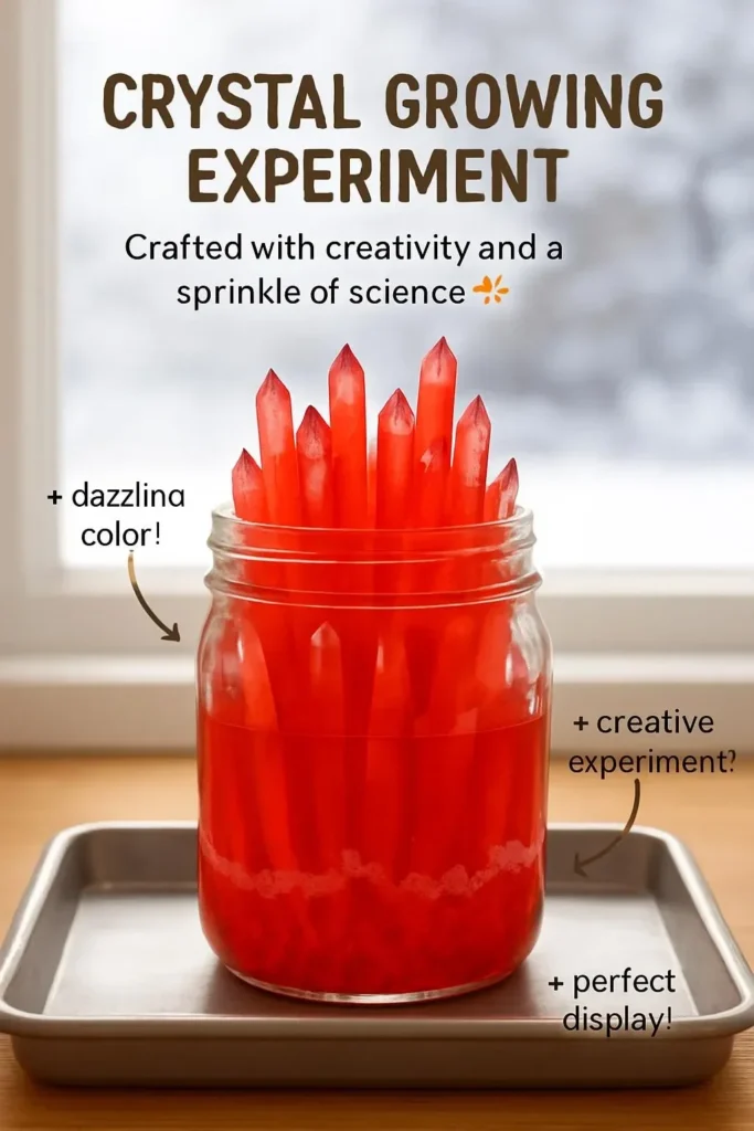 Experiment demonstrating crystal growing techniques with colorful crystals.