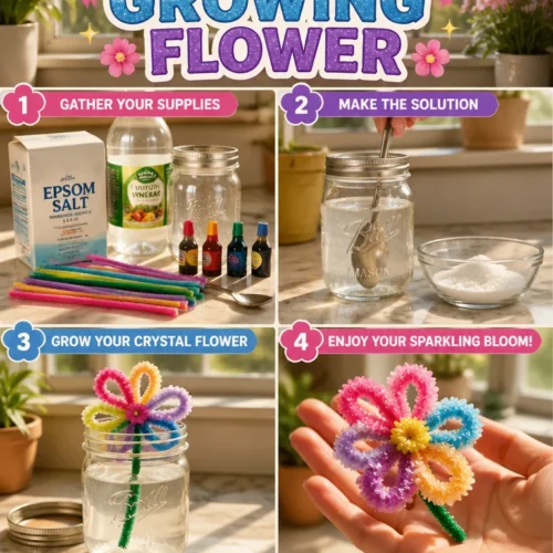 Crystal growing flower kit showcasing vibrant, colorful crystals forming a flower shape.