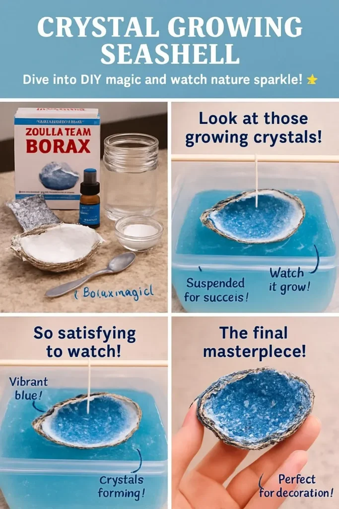 Crystal growing seashell kit showcasing vibrant crystals forming inside a shell