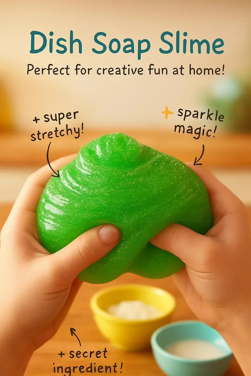 Colorful dish soap slime in a bowl with hands playing with it