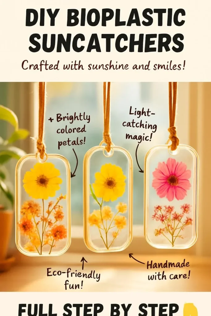 Colorful DIY bioplastic suncatchers catching sunlight in vibrant hues