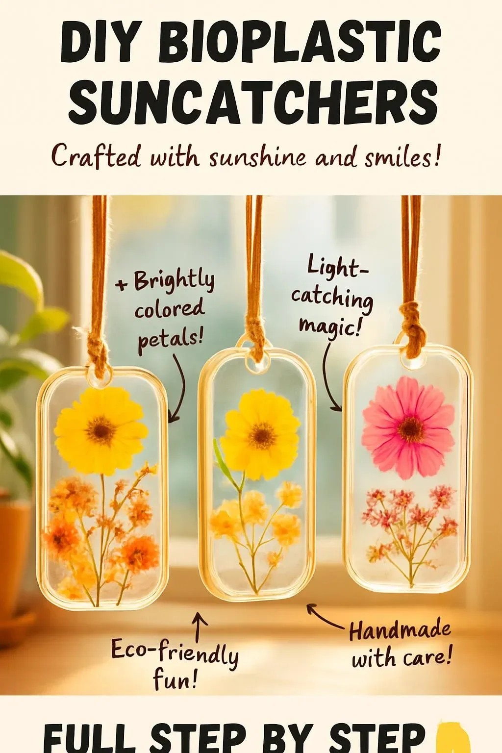 Colorful DIY bioplastic suncatchers catching sunlight in vibrant hues