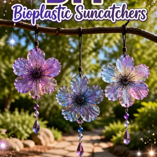 Colorful DIY bioplastic suncatchers hanging in a sunny window