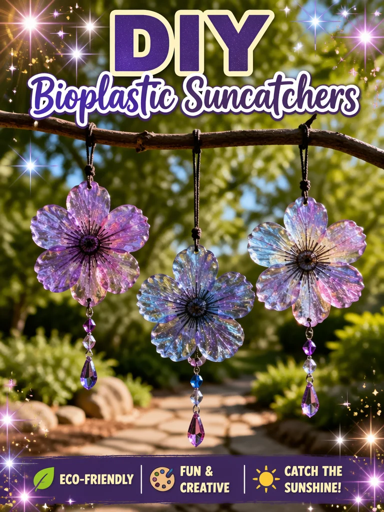 Colorful DIY bioplastic suncatchers hanging in a sunny window