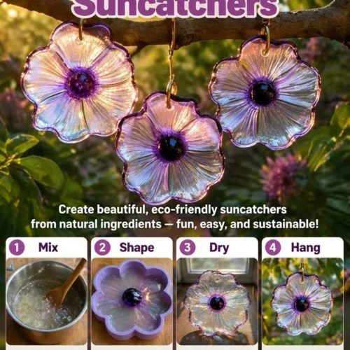 Colorful DIY bioplastic suncatchers hanging in sunlight