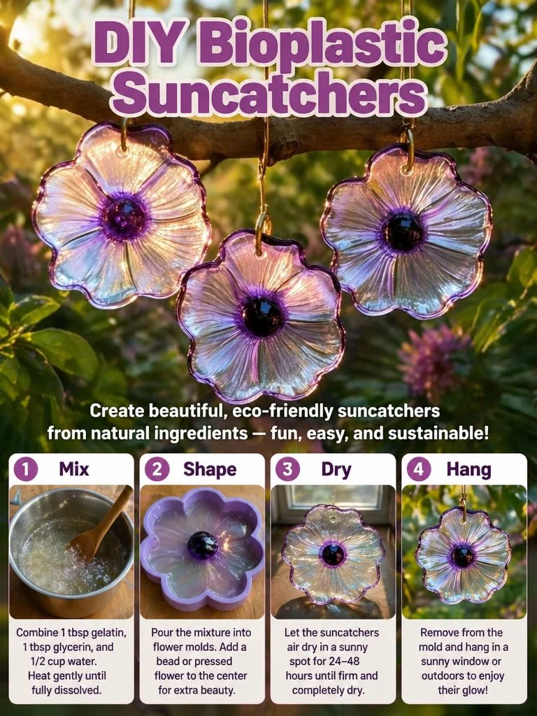 Colorful DIY bioplastic suncatchers hanging in sunlight