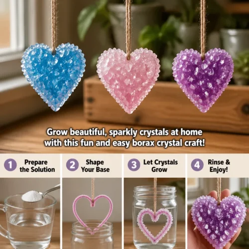 DIY Borax crystals displayed on a table, showcasing their beautiful structures.