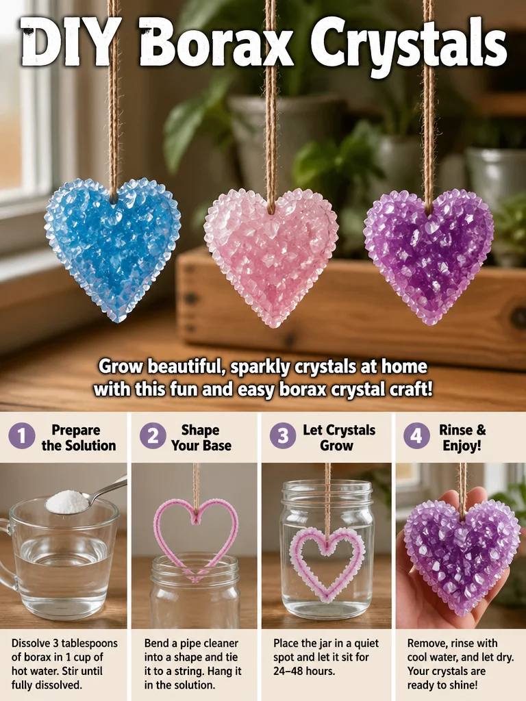DIY Borax crystals displayed on a table, showcasing their beautiful structures.