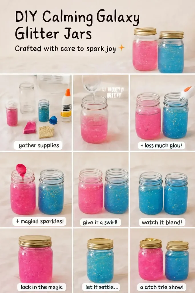 A calming galaxy glitter jar filled with swirling colors and sparkling glitter.