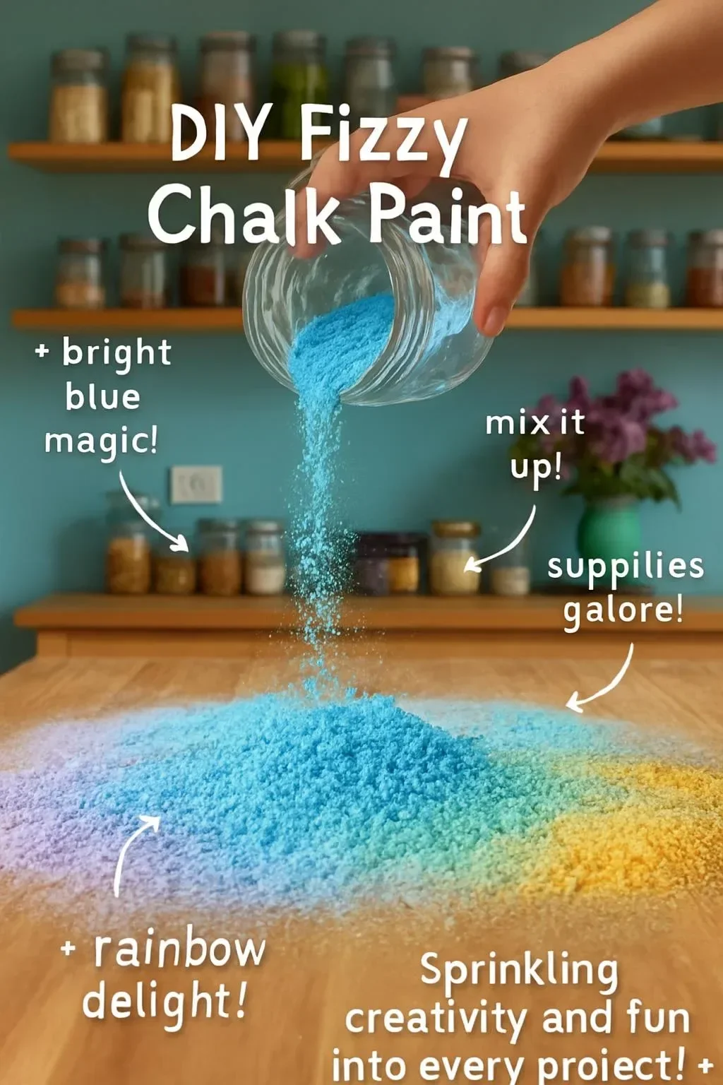 A vibrant jar of DIY fizzy chalk paint in various colors for creative projects.