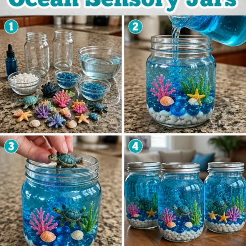DIY ocean sensory jars filled with colorful ocean-themed items for sensory play.