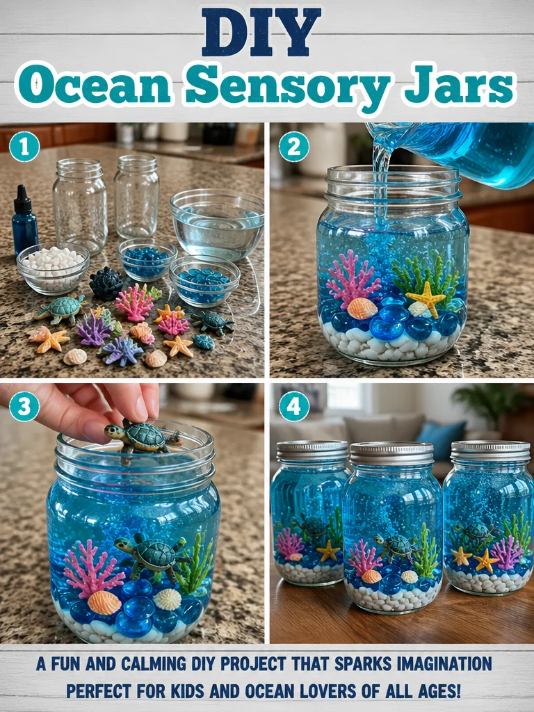 DIY ocean sensory jars filled with colorful ocean-themed items for sensory play.
