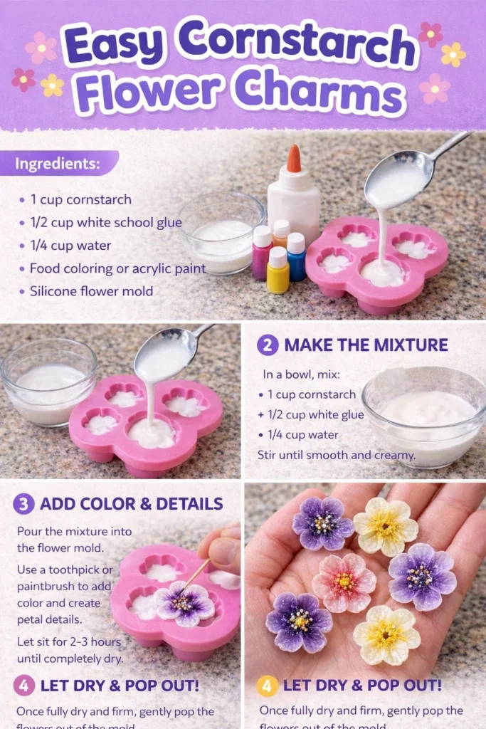 Handmade cornstarch flower charms in various colors and designs.