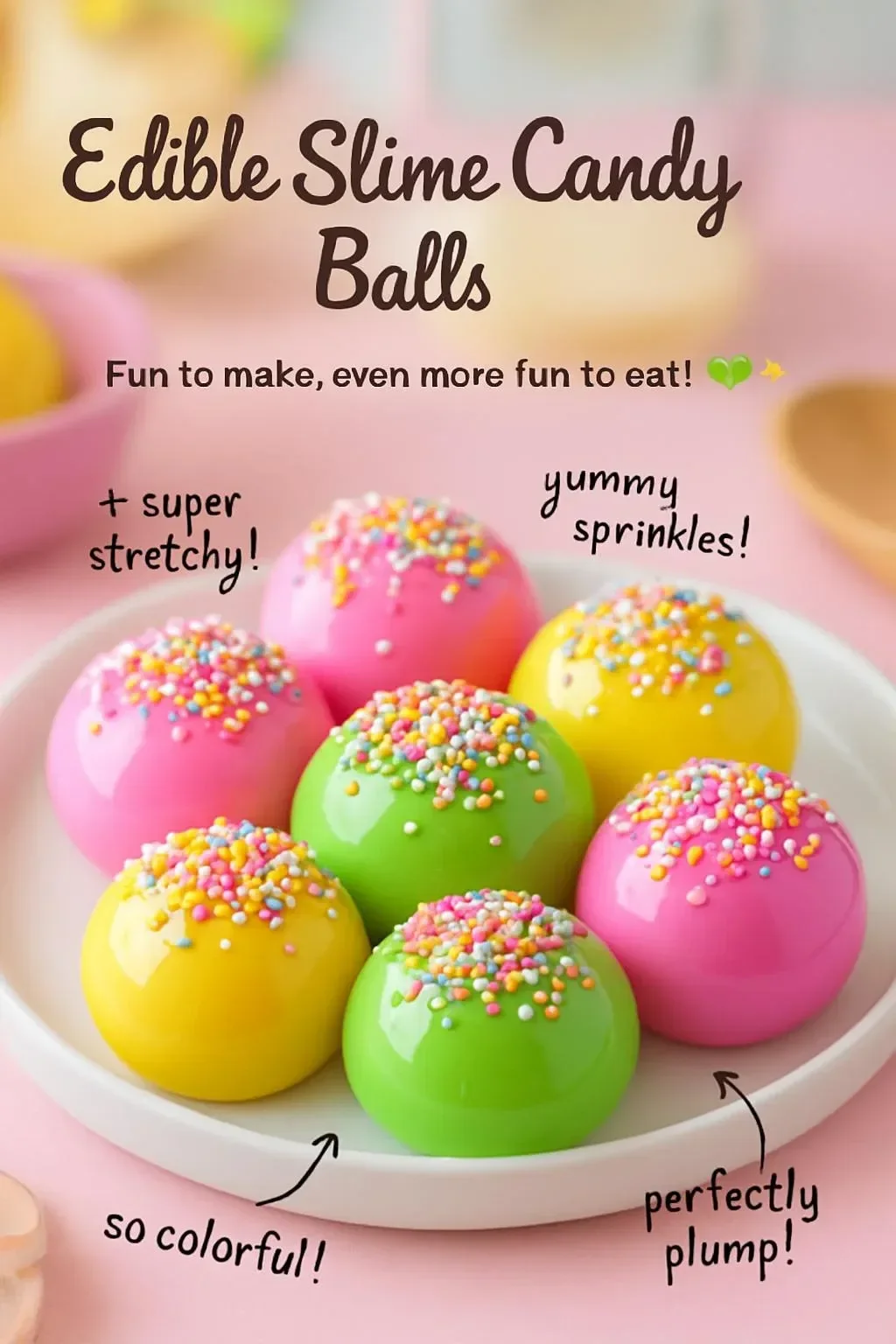 Colorful edible slime candy balls in a bowl.