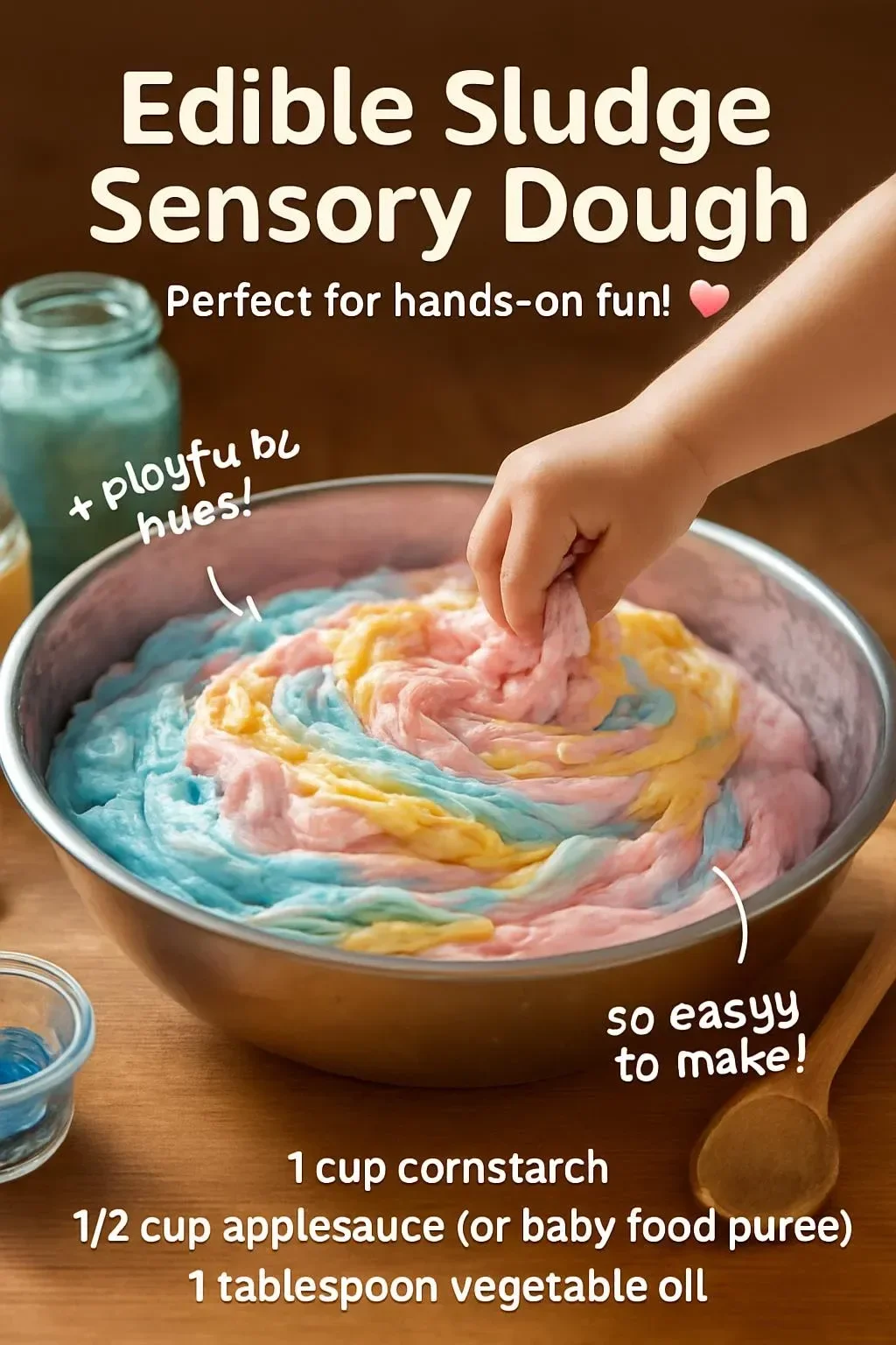 Child playing with edible sludge sensory dough for creative and safe sensory play.