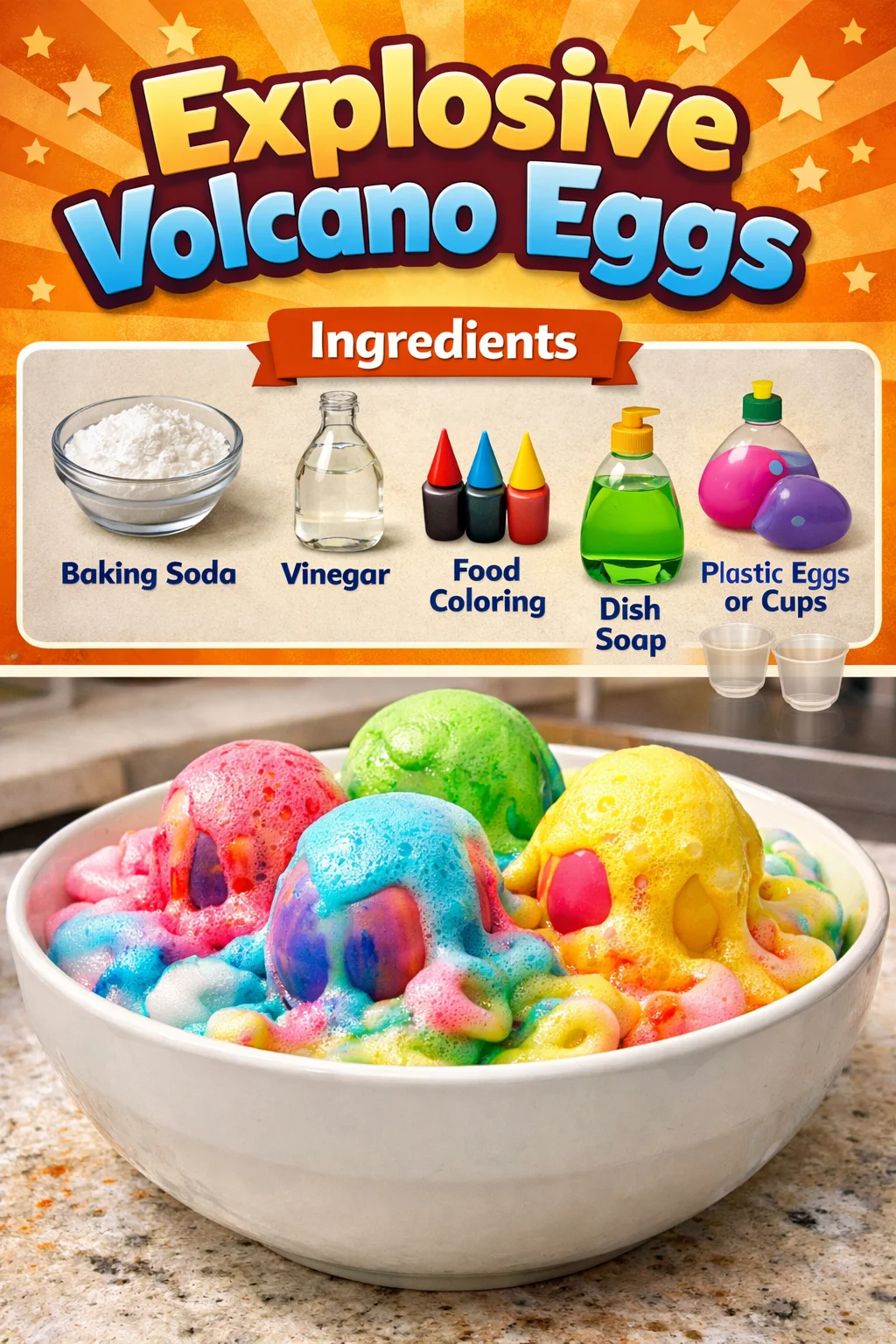 Delicious explosive volcano eggs with vibrant colors and a warm, gooey center
