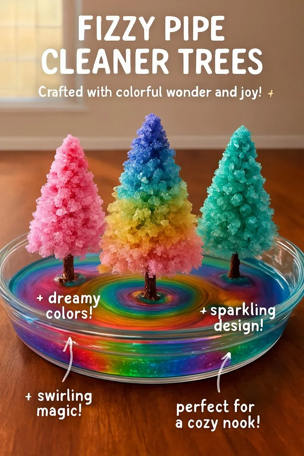 Colorful fizzy pipe cleaner trees in a creative DIY setting.