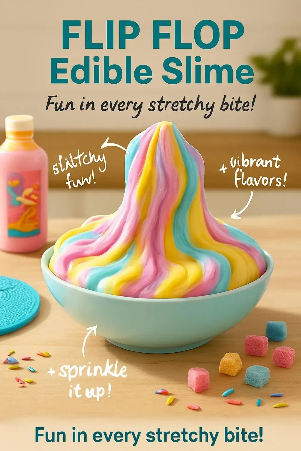 Colorful FLIP FLOP Edible Slime in various shapes and textures, safe and tasty.