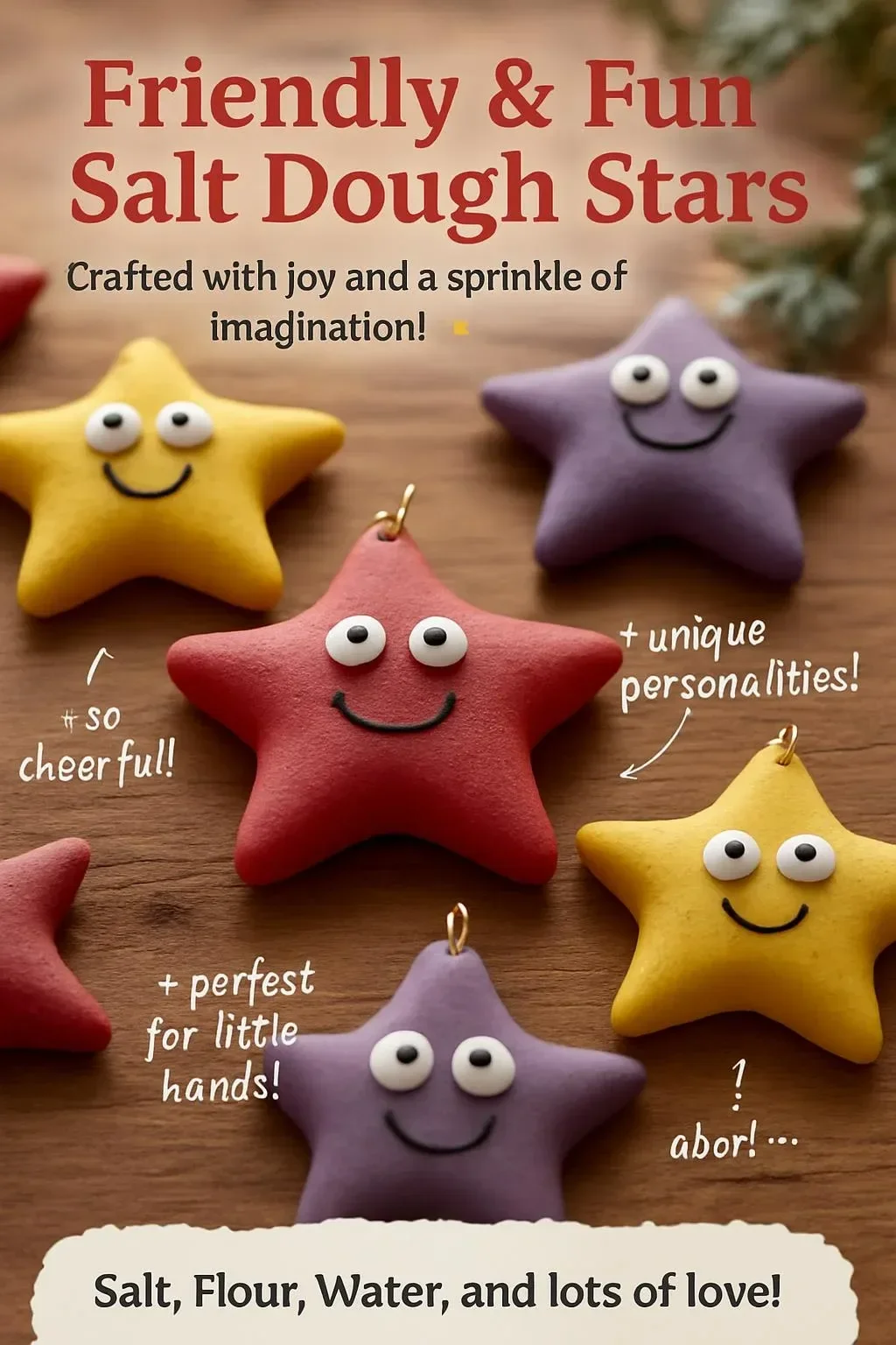 Colorful and fun salt dough stars displayed on a wooden table