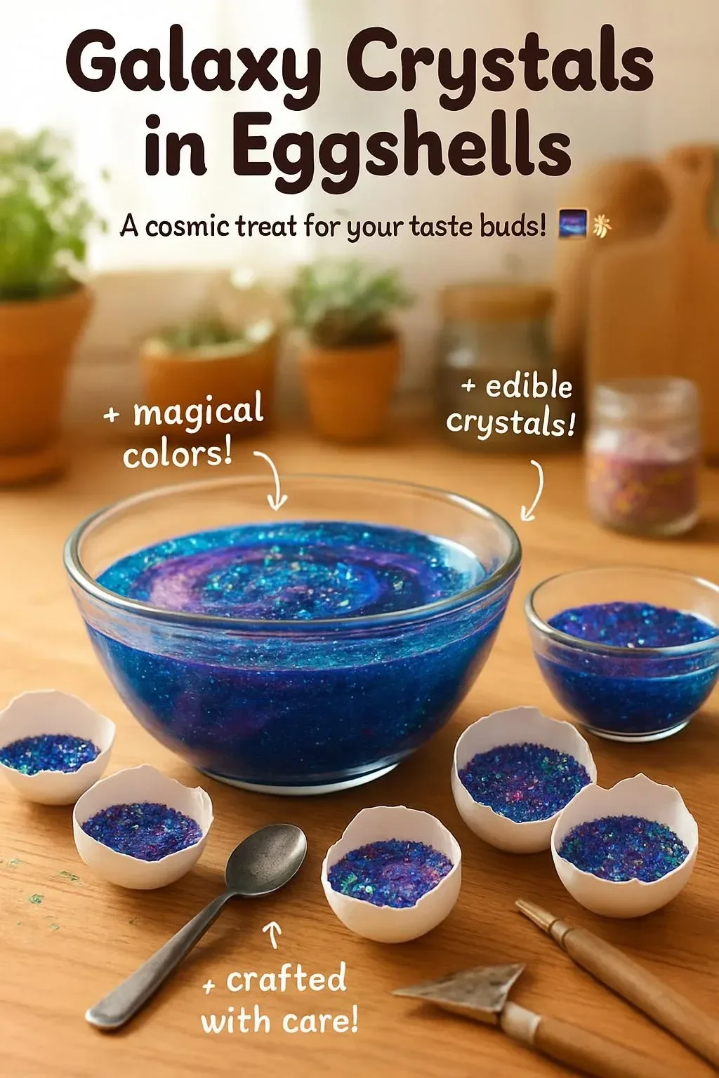 Galaxy Crystals displayed in decorative eggshells