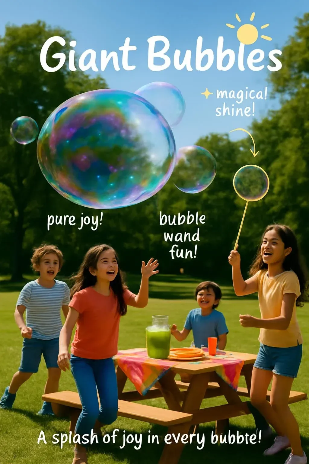 A colorful display of giant bubbles floating in the air at a sunny outdoor event.