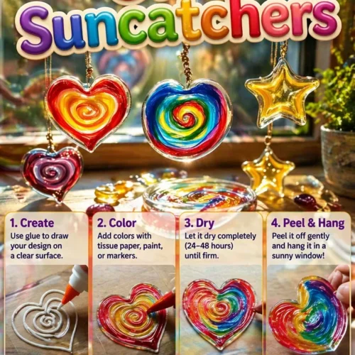 Colorful glue suncatchers hanging in sunlight, casting vibrant patterns indoors.